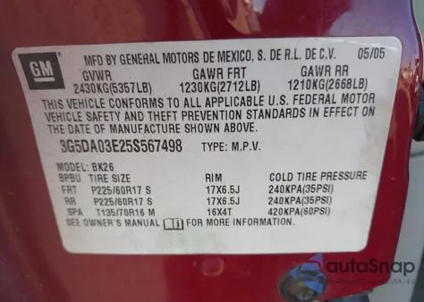 2005 Buick Rendezvous Cx z USA, uszkodzony, nr VIN 3G5DA03E25S567498